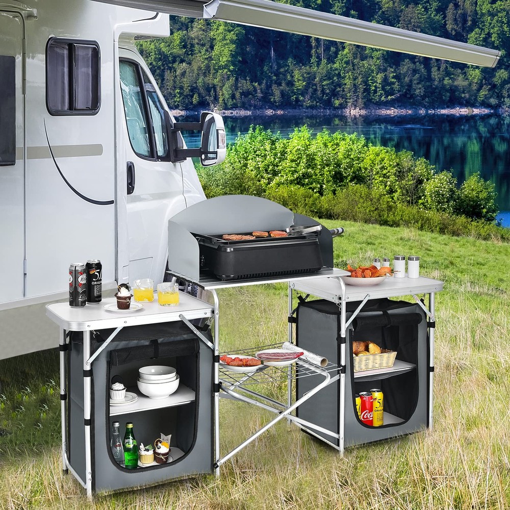 Camping Kitchen Station, Folding Grill Table with 26'' Tabletop, 2 Side Table...