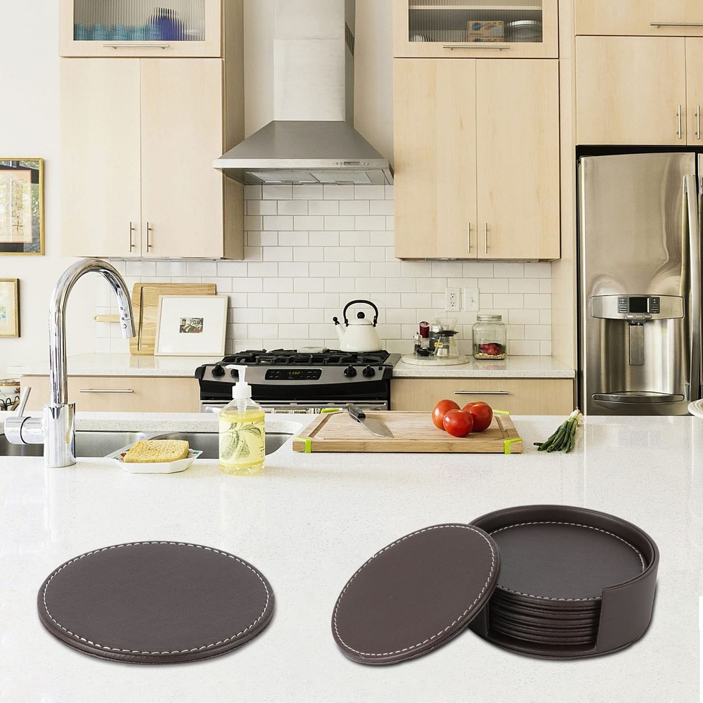 Leather Coasters for Drinks(6 Pack), Handmade Durable Drink Coasters Set with...