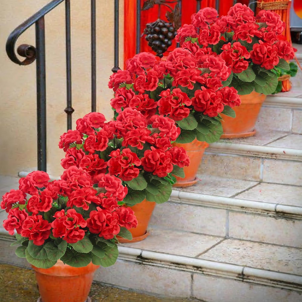 3 Pcs Artificial Geraniums Flowers Silk Geraniums for Outdoors UV Resistant R...