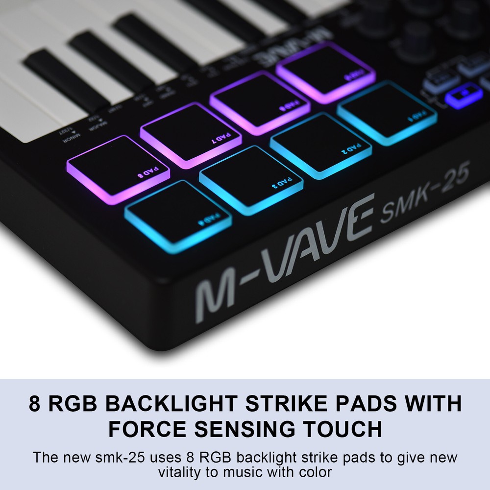 M-VAVE 25-Key USB MIDI Keyboard Controller with 8 Backlit Drum Pads 8 Knobs J0H1