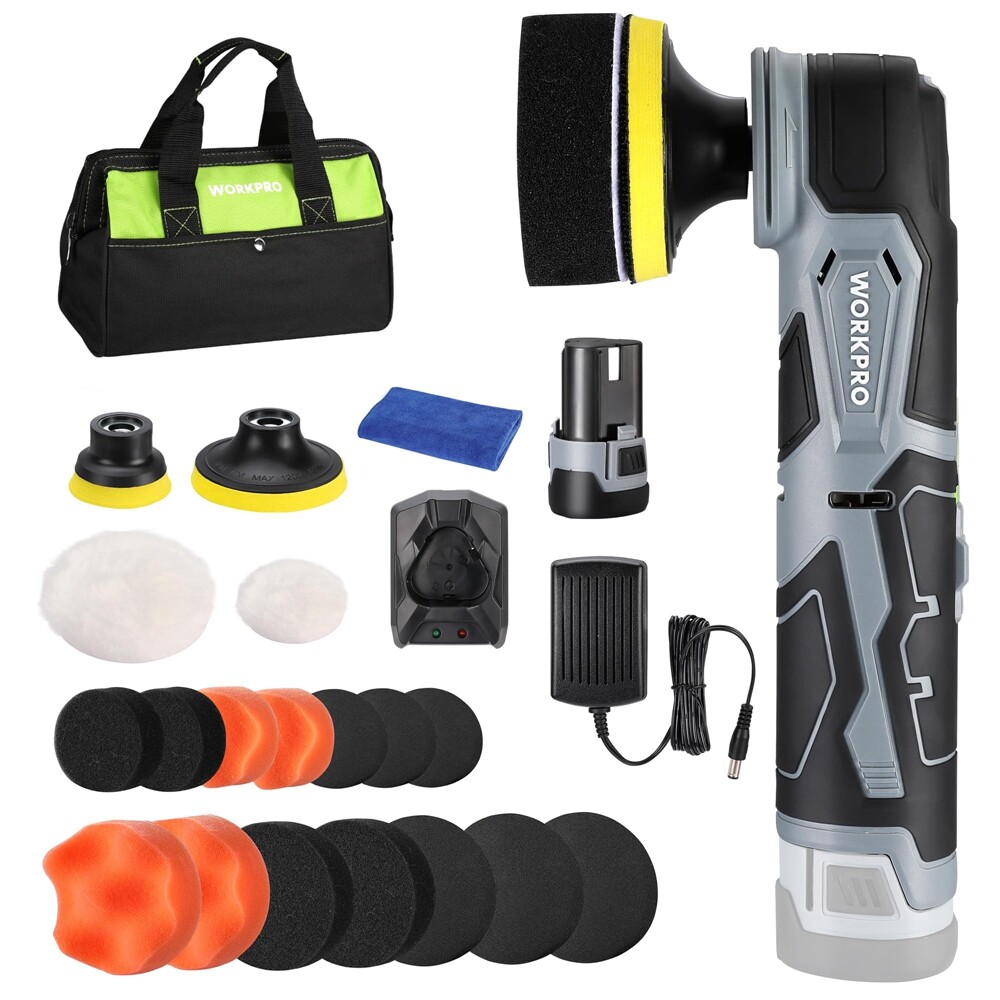 WORKPRO 12V Cordless Mini Buffer Polisher Kit 5 Variable Speed 600-3000RPM w/Bag