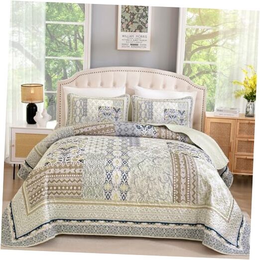 Boho Quilt Set 3 Pieces Patchwork Bedspread Coverlet Set,Soft King Beige