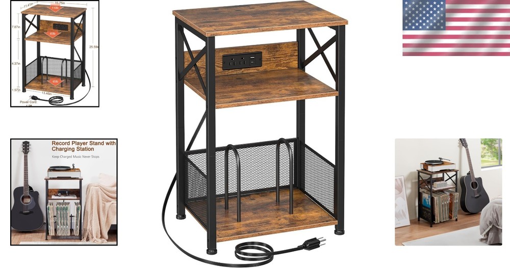 Rustic Brown Turntable Stand with Storage for Over 100 Records & USB Charging