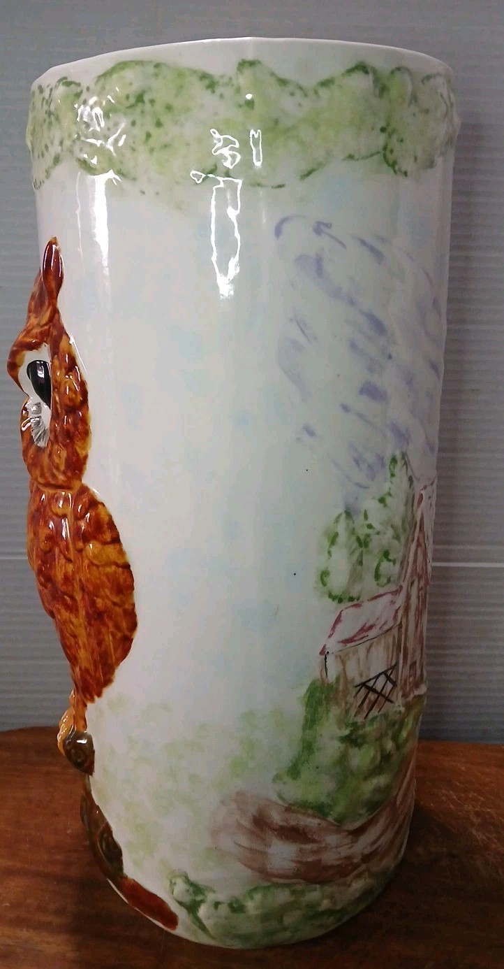 VTG Brown Owl Reversible Barn Scene Umbrella Stand Cane Stick Holder 70s READ