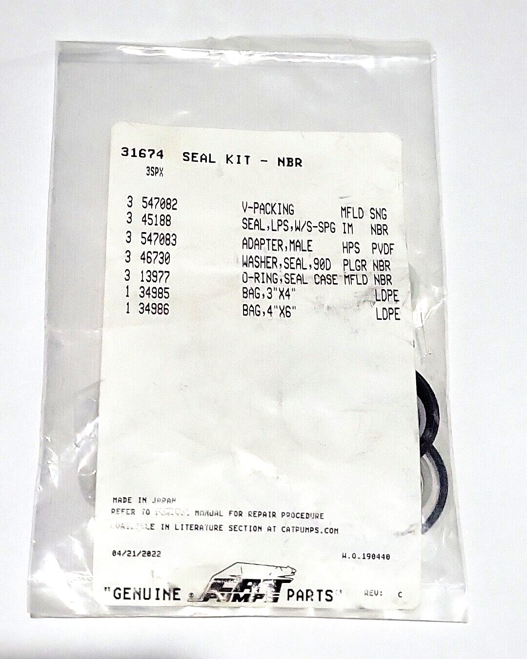 31674  SEAL KIT  CAT PUMPS  3SPX , 3SPX30G1I , 3SPX35GEI ,   OEM  KIT