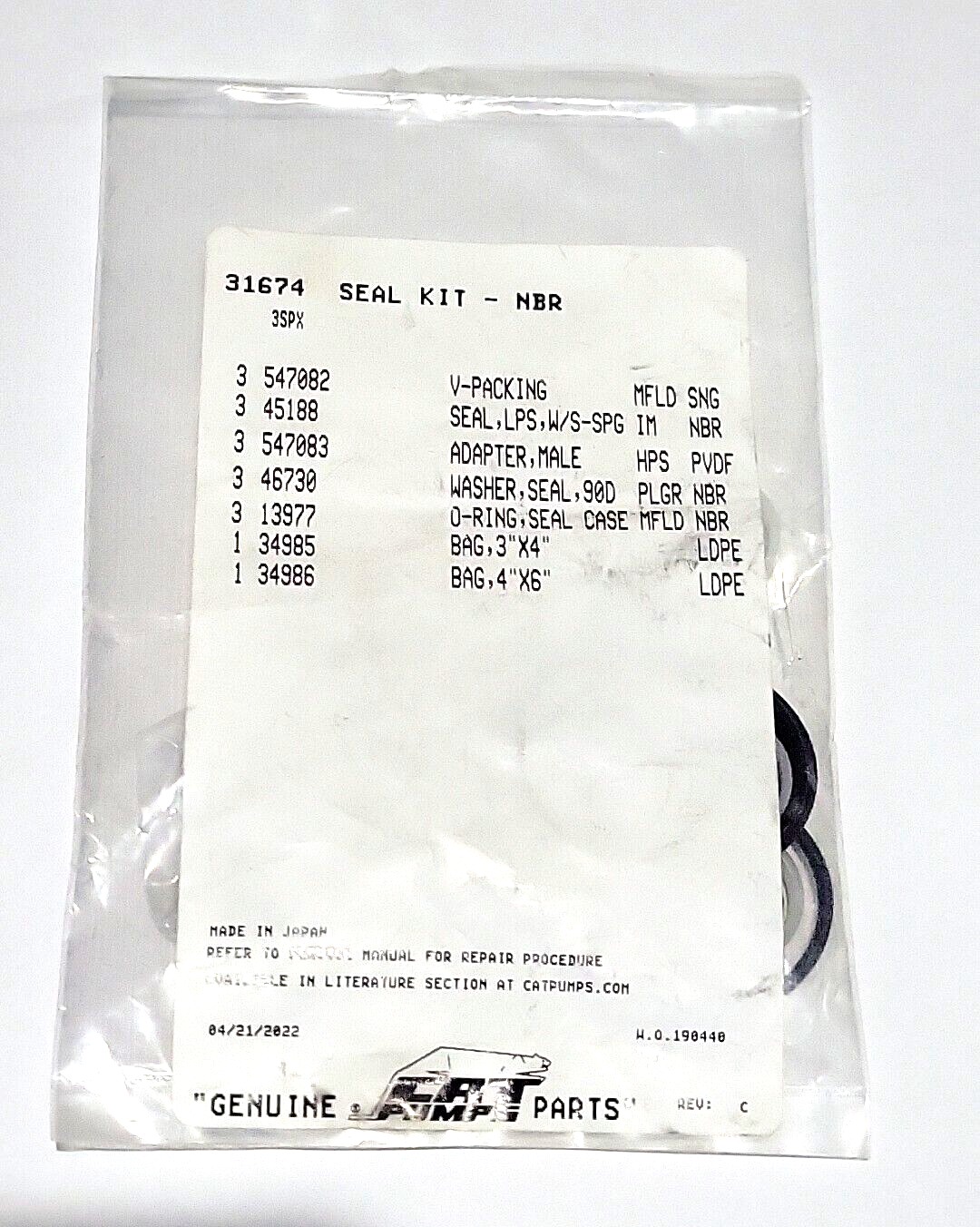 31674 SEAL KIT CAT PUMPS 3SPX , 3SPX30G1I , 3SPX35GEI , OEM KIT