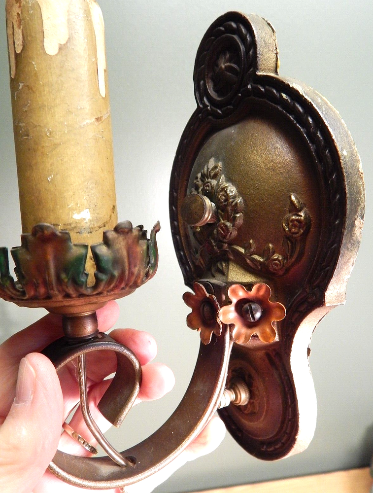 PAIR ART DECO CAST IRON WALL SCONCES POLYCHROMED ORIGINAL