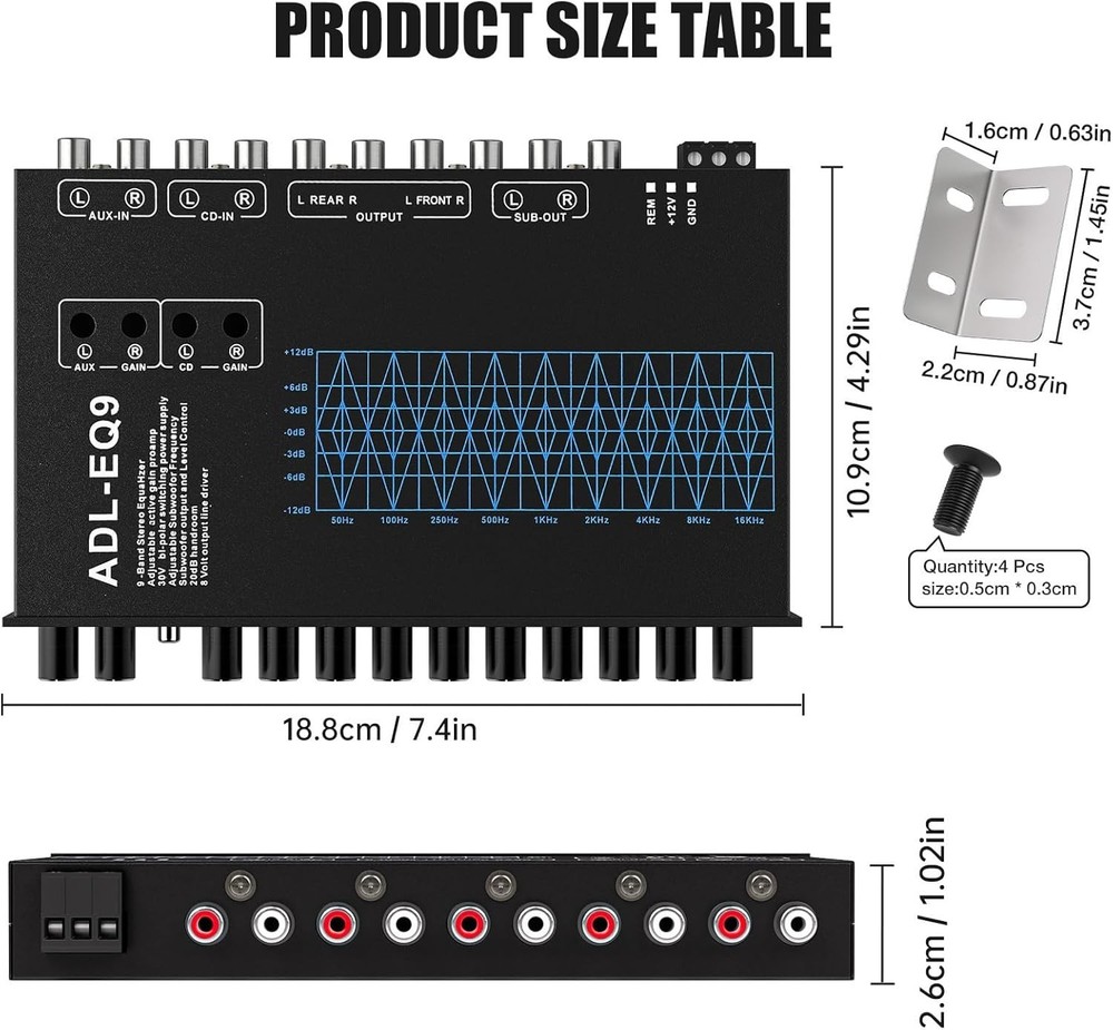 9-Band Car Equalizer with CD/AUX Input & Adjustable Subwoofer Control