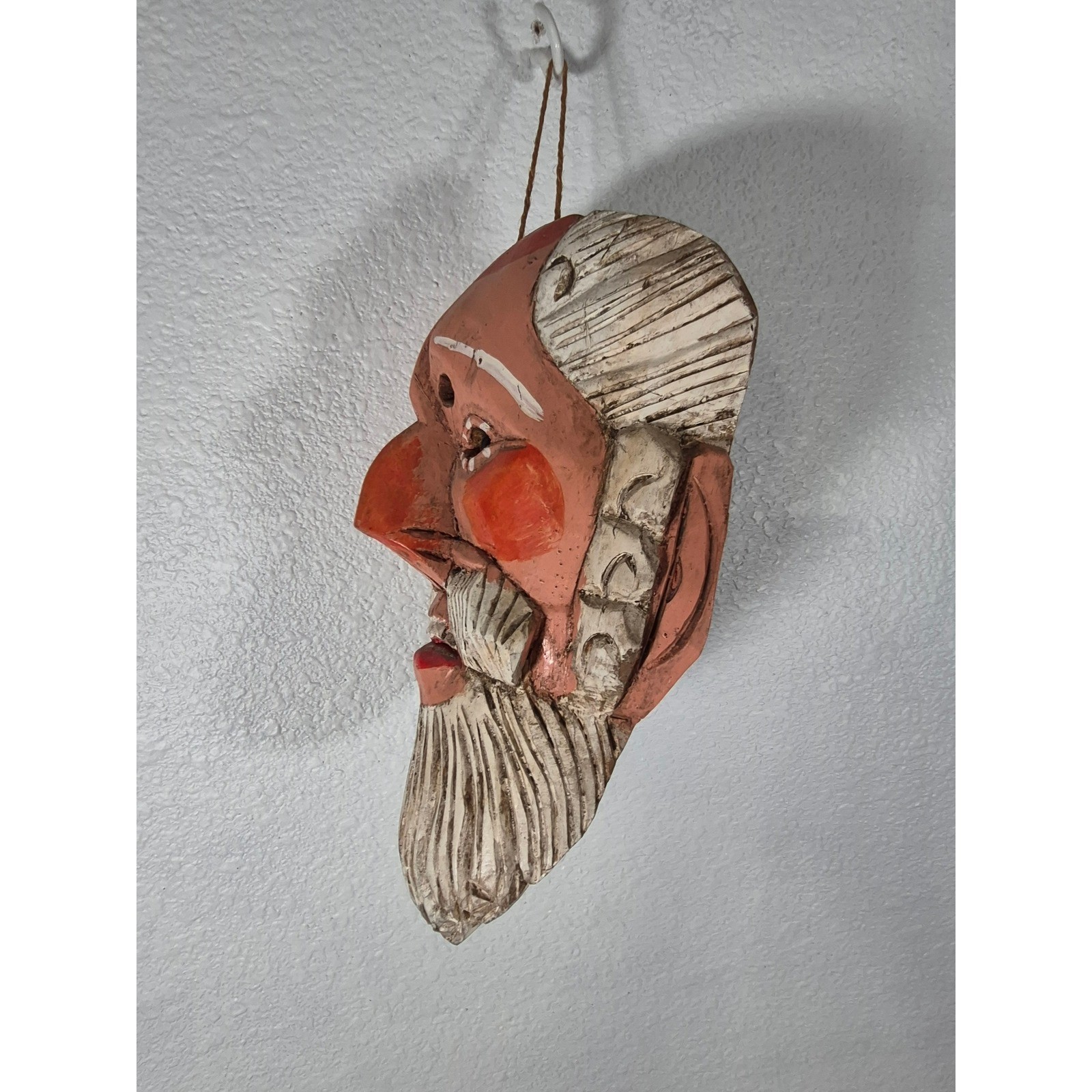 Vintage Hand Carved Wood Guatemala Folk Art Dance Mask Bearded Man Glass Eyes