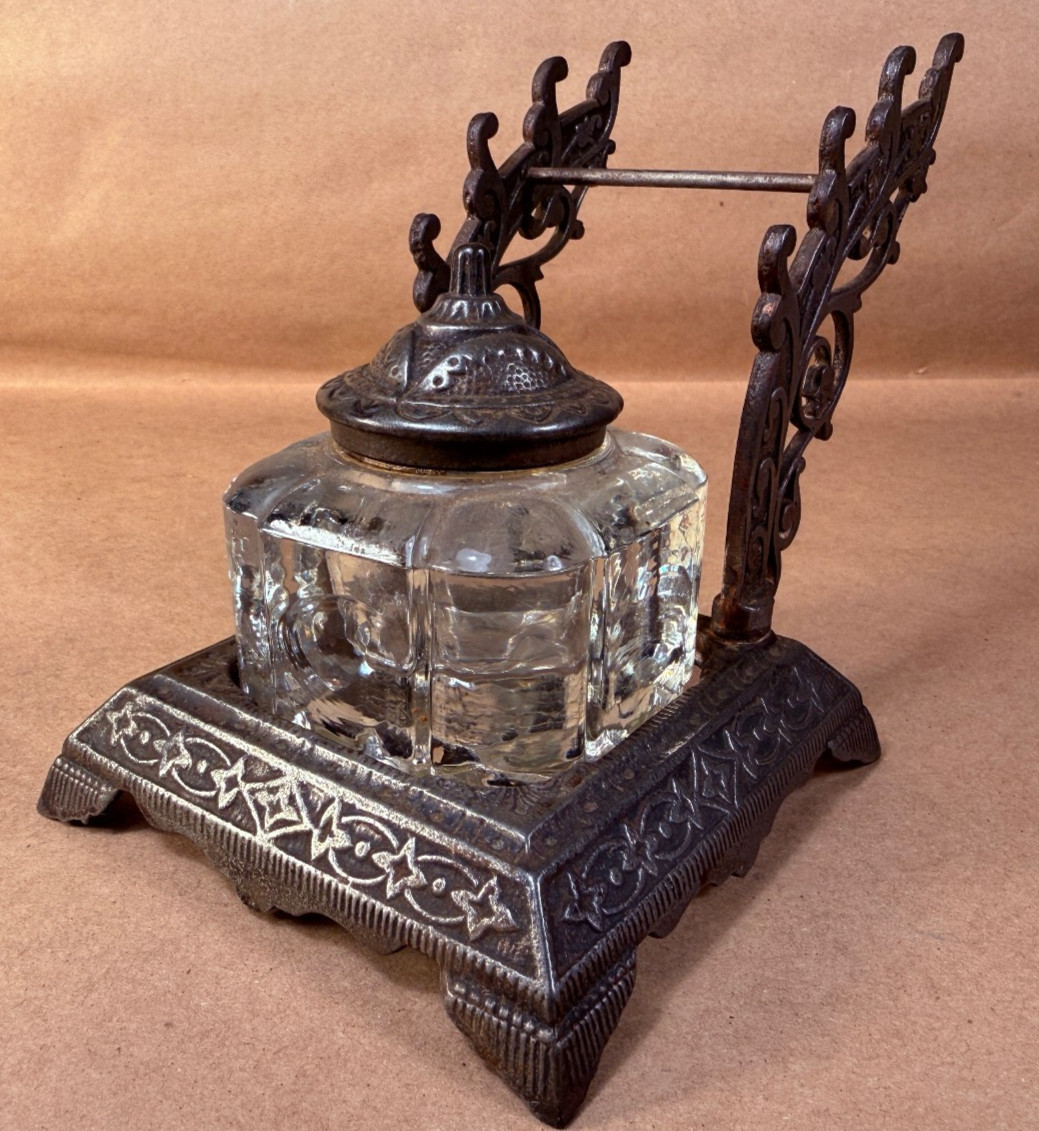 Antique Victorian Cast Iron Inkwell and Pen Holder with Glass Inkwell