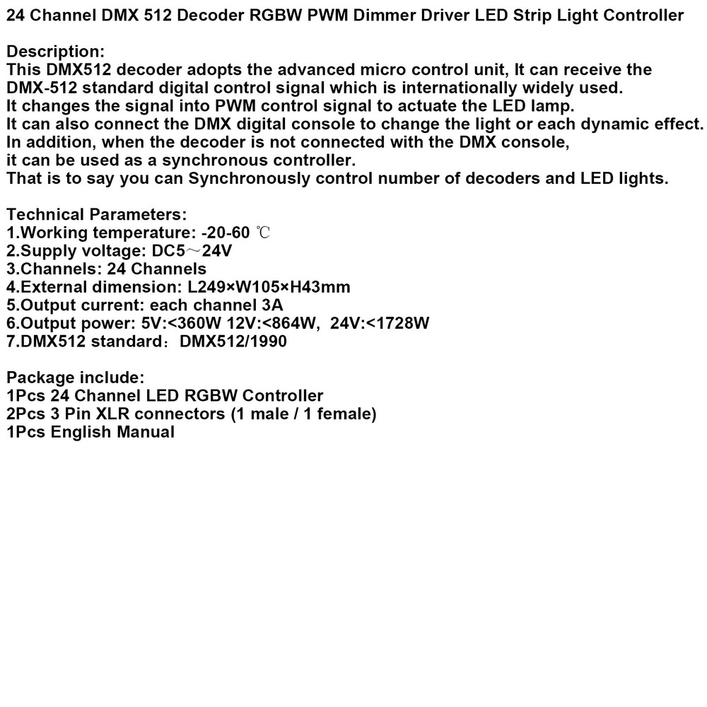 24 Channel DMX 512 Decoder RGBW PWM Dimmer Driver LED Strip Light Controller US