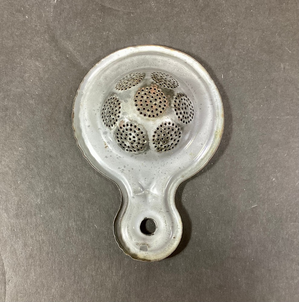 Antique Graniteware Gray Enamelware Tea Strainer Primitive Kitchen Tool