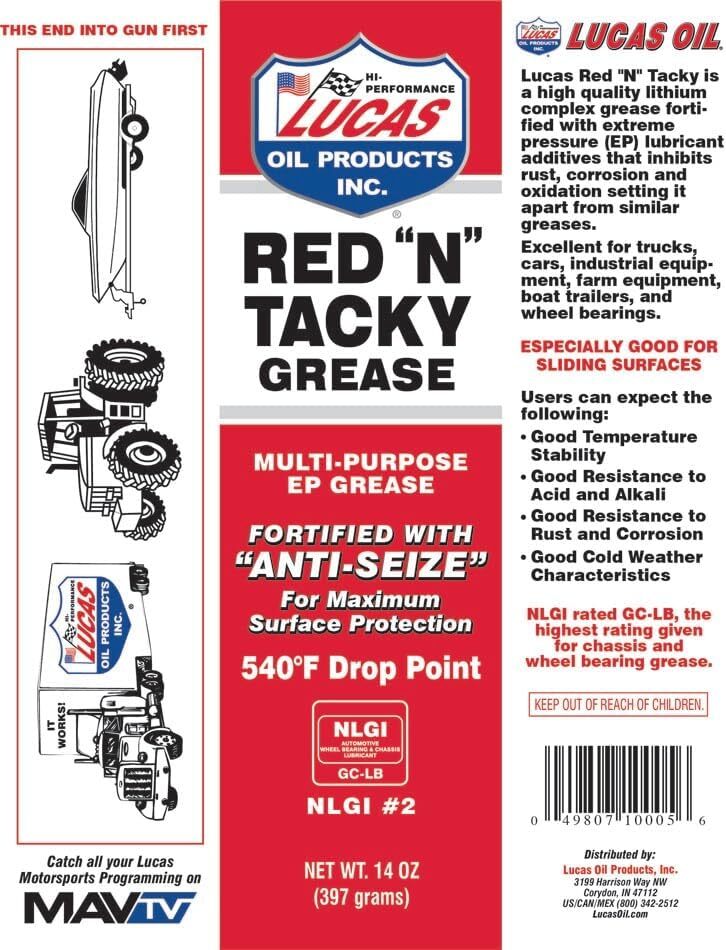 Lucas Oil Red 'N' Tacky Grease Rust Oxidation Inhibitors Wheel Bearing 14 Oz New