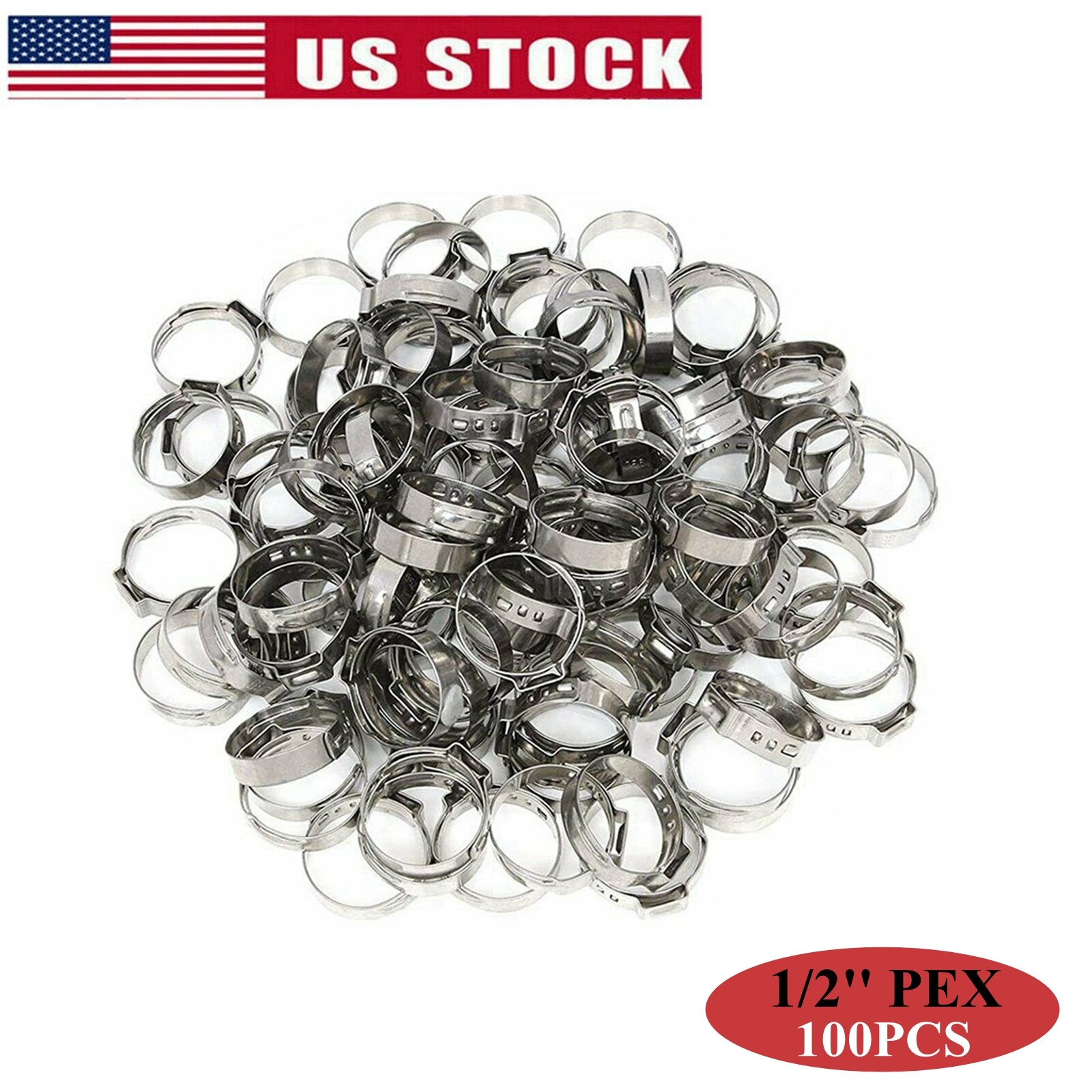 100Pcs 1/2'' PEX Clamp Cinch Rings Crimp Pinch Fittings 304 Stainless Steel