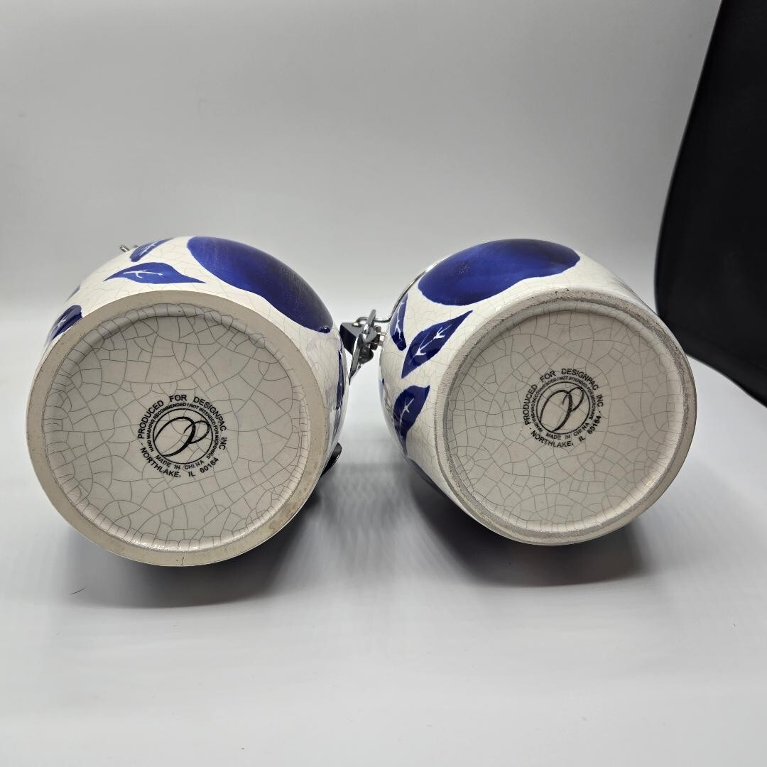 Vintage 80's Delph Blue/White Handpainted Glazed Crackle Canisters w/ Hinged Lid