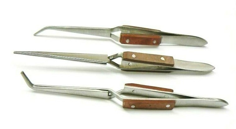 Fiber Grip Cross Lock Tweezers Self Closing 6" Set - Curved + 90° + Straight Tip