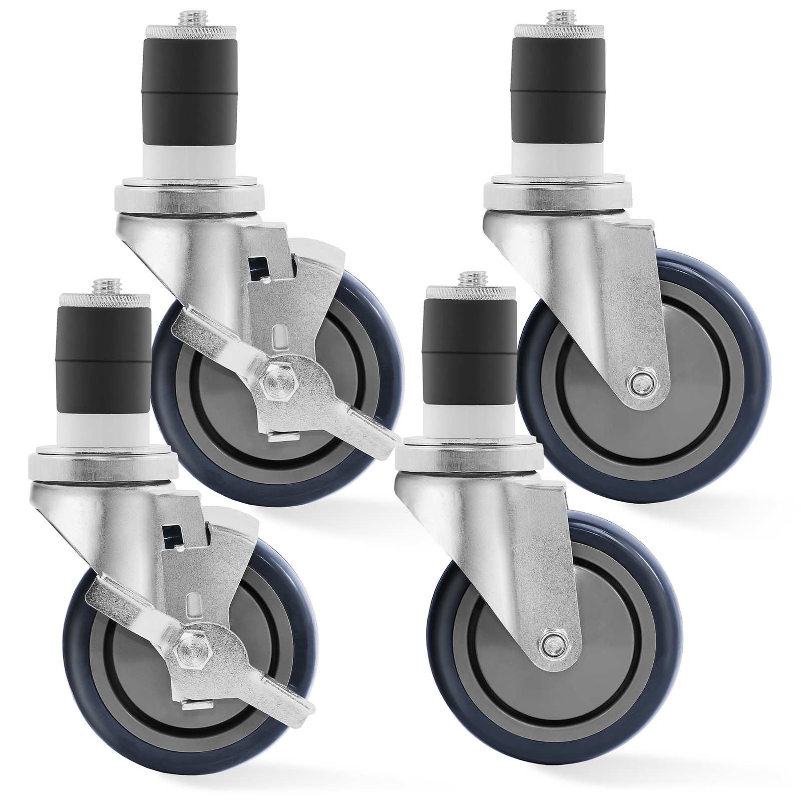 Set of 4 Commercial Caster Wheels, 2 with Brakes for Kitchen Prep & Work Tables
