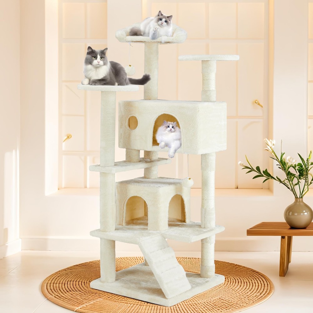 Beige 54-Inch Multi-Level Cat Tree Tower - Indoor Cat Activity Hub