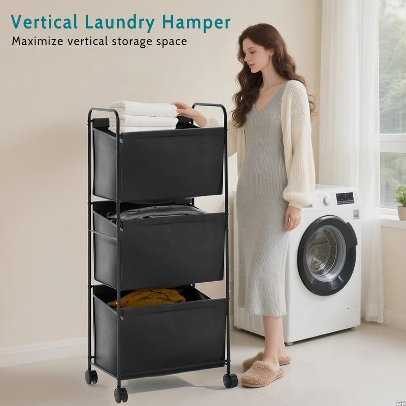 125L Vertical Laundry Hamper with Wheels, 3 Section Large Rolling Laundry Sor...