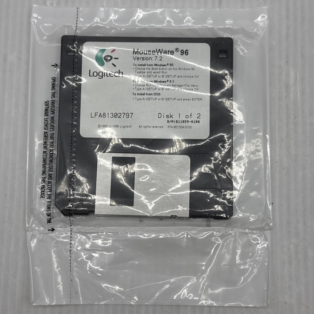 Logitech Mouseware 96 Version 7.2  - 2 X （ 3.5-inch floppy disk ) * New , Sealed