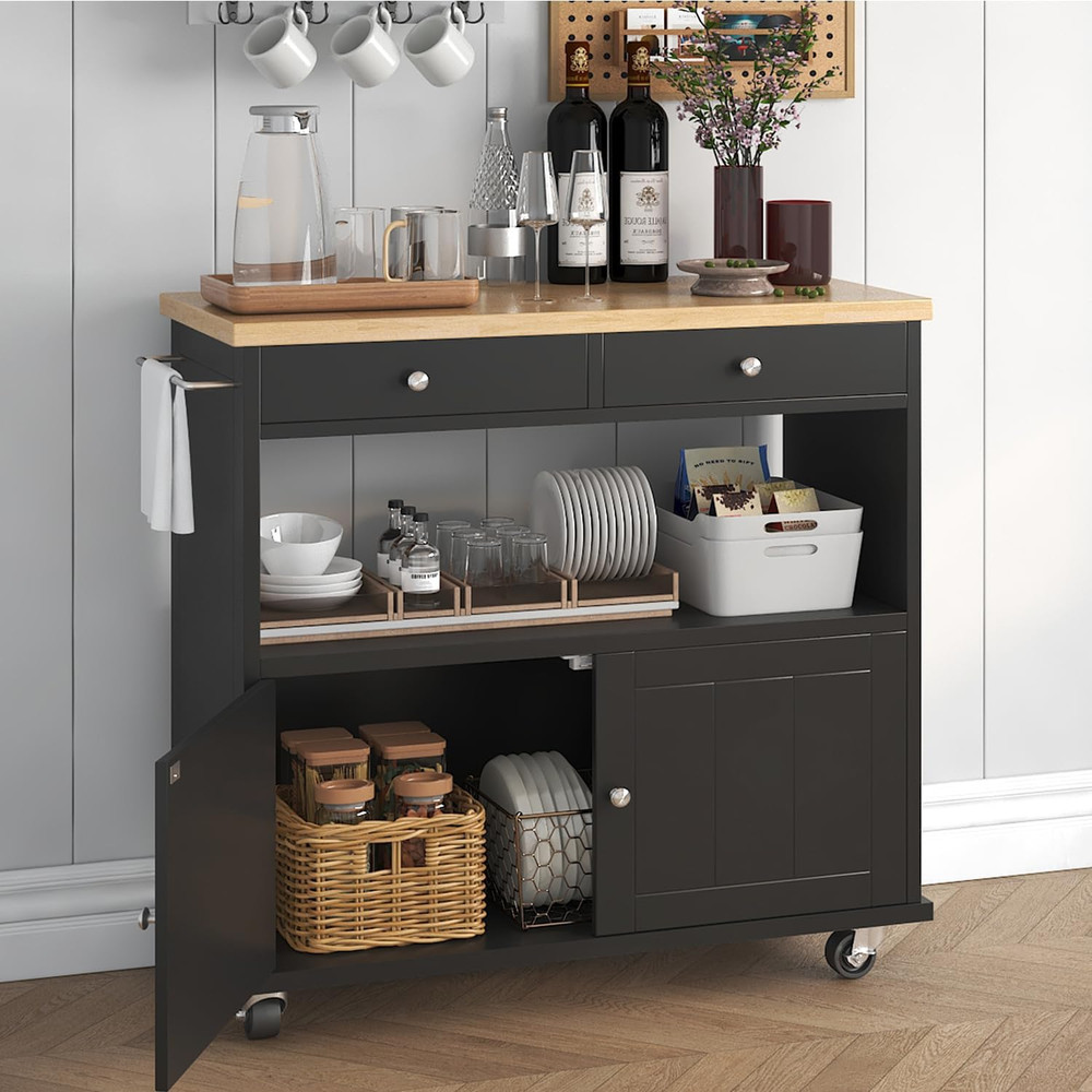 Portable Rolling Kitchen Island with Storage, 2 Drawers & Lockable Wheels