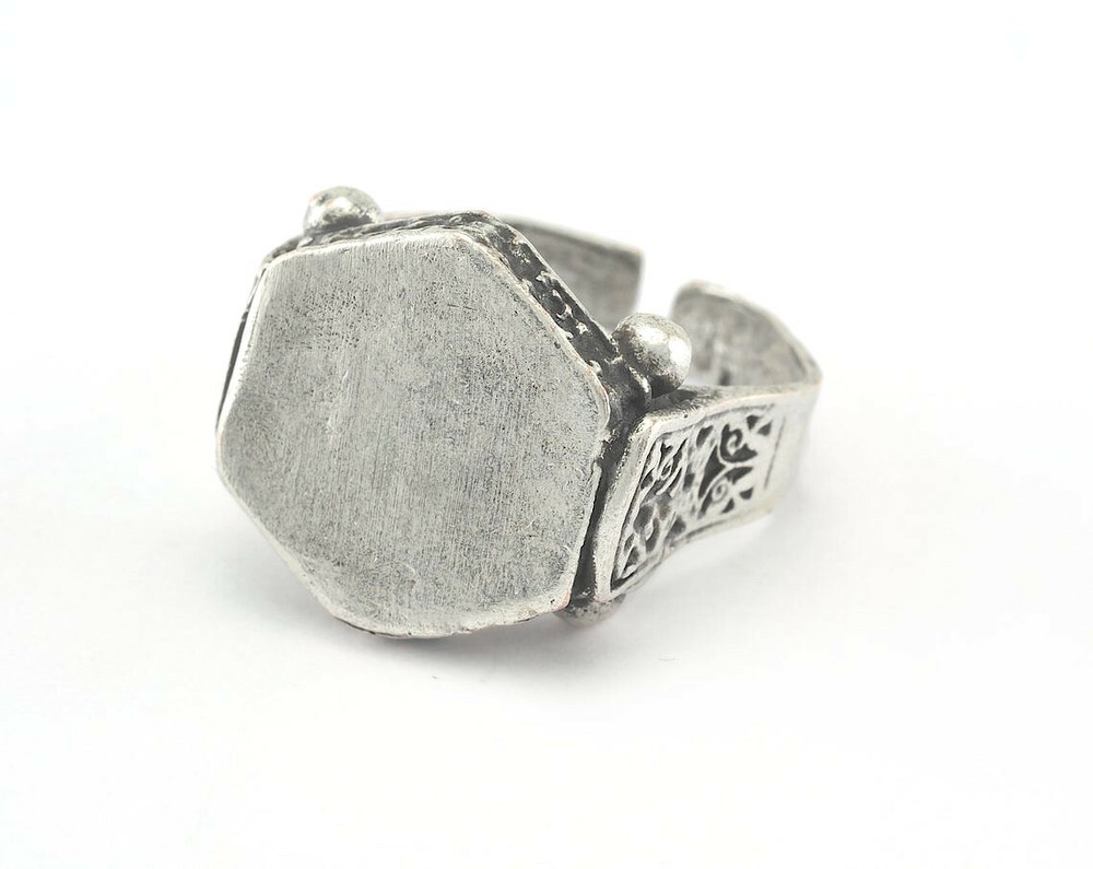 Hexagonal Adjustable Ring Base Antique Silver Blank Bezel 10US size Setting Pad