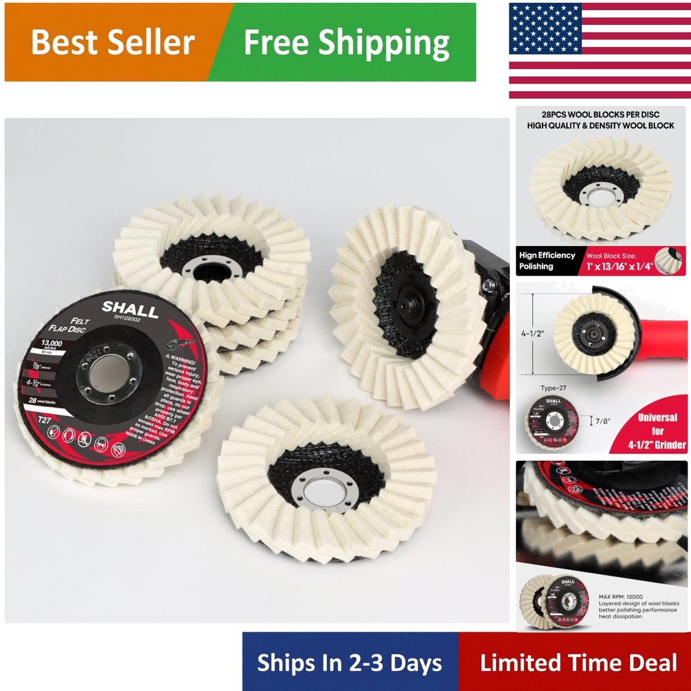 6-Pack Wool Felt Flap Discs 4-1/2" for Angle Grinders | Ultra-Fine Grit Buffing