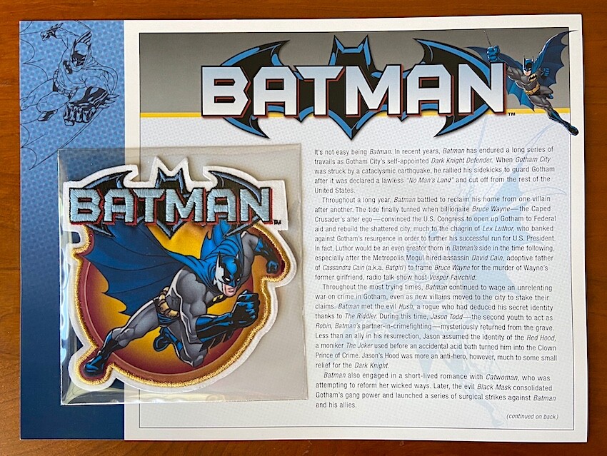 BATMAN PATCH on INFO CARD ~ from Willabee & Ward ~ DC COMICS PATCH COLLECTION