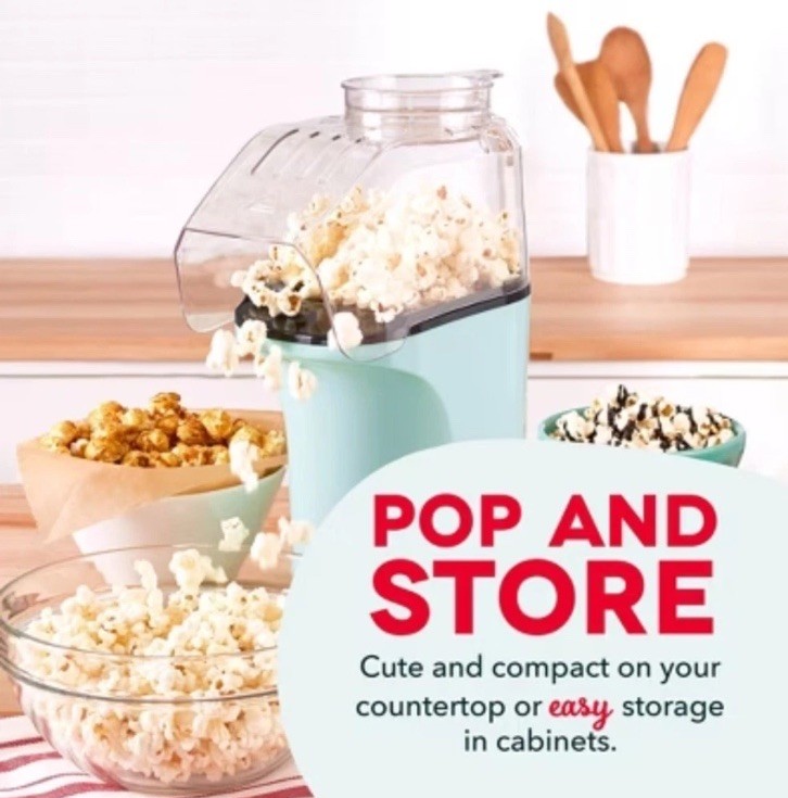 Dash 16-Cup Electric Popcorn Maker - 1400W, 8 Kernel Capacity, Aqua, Easy Clean