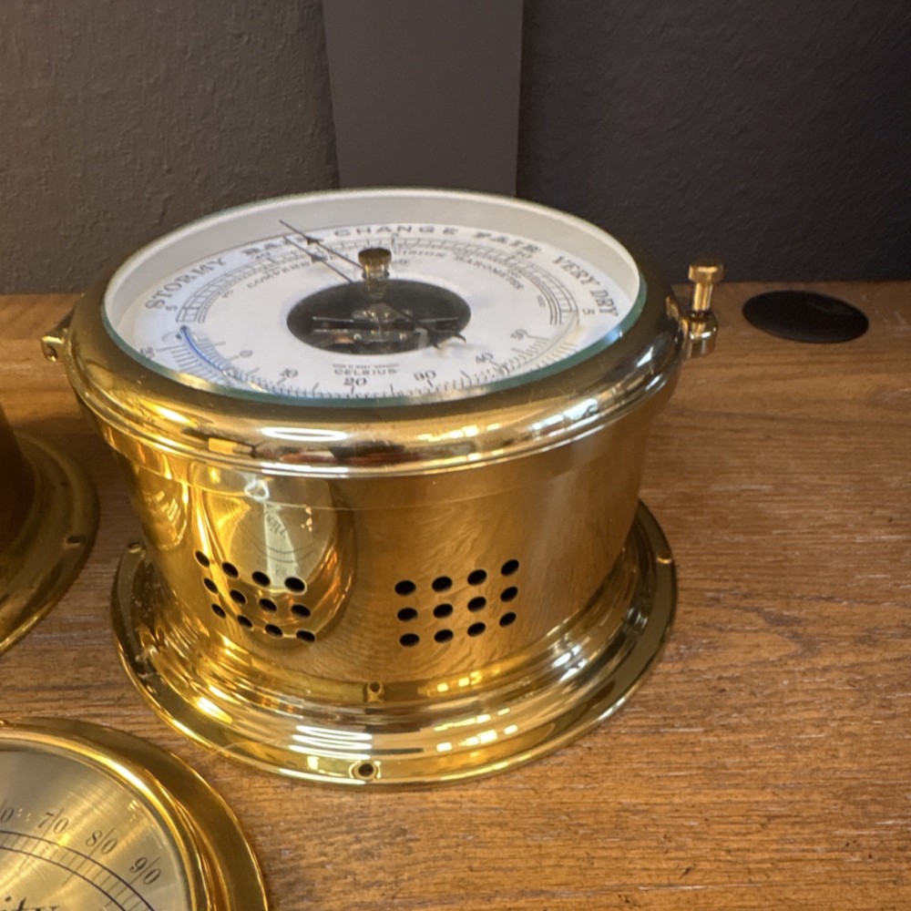 Schatz Royal Mariner Brass Clock, Barometer & Cape Cod Wind Velocity Sailing