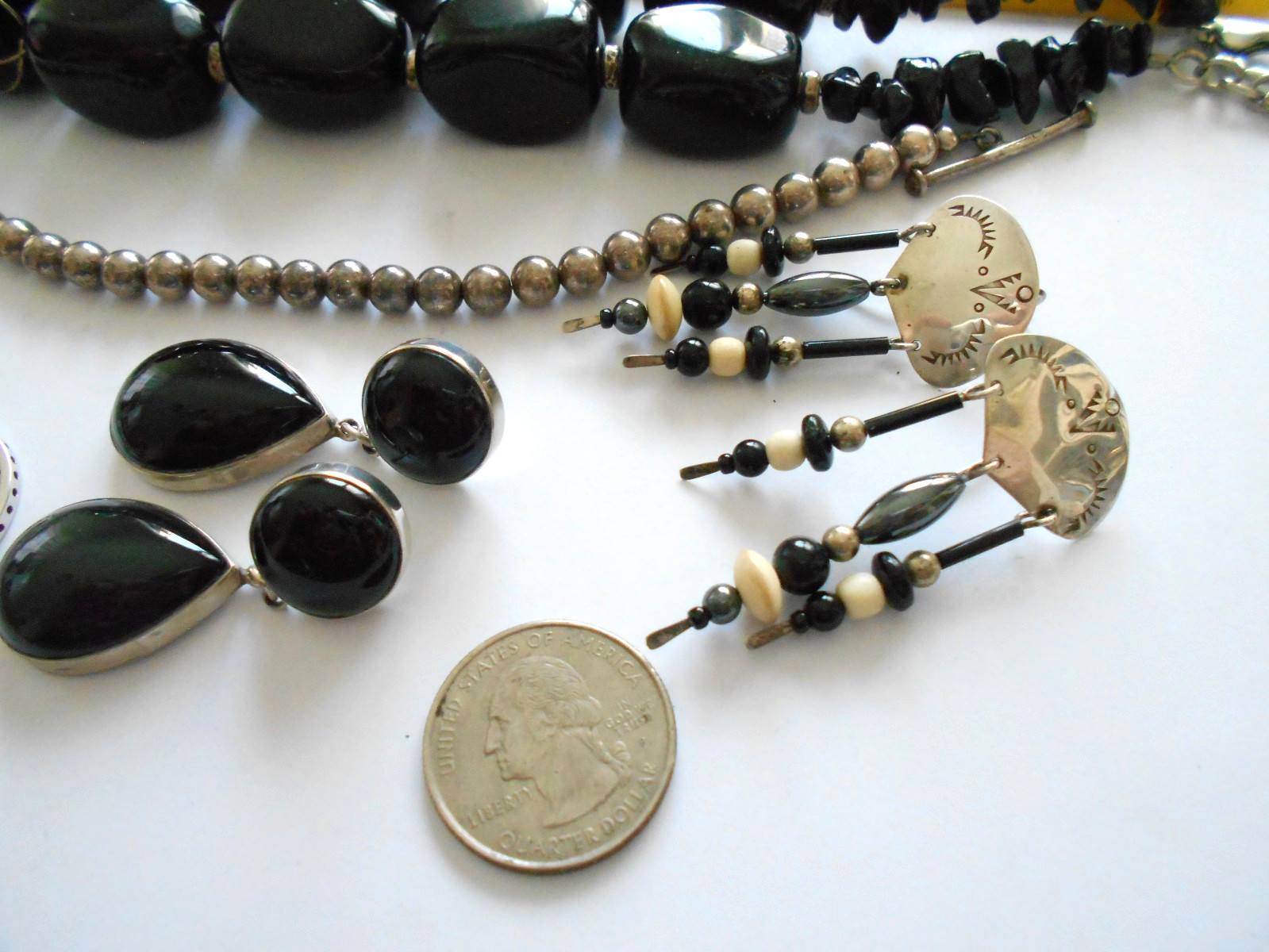 Lot of 7 Pieces Sterling Silver Onyx Amber Jewelry Lot #6 194 Grams