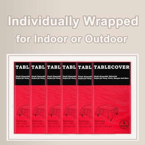 Plastic Table Cloth Disposable, 6 Pack Rectangle 6 Pack 54"×108" Rectangle Red