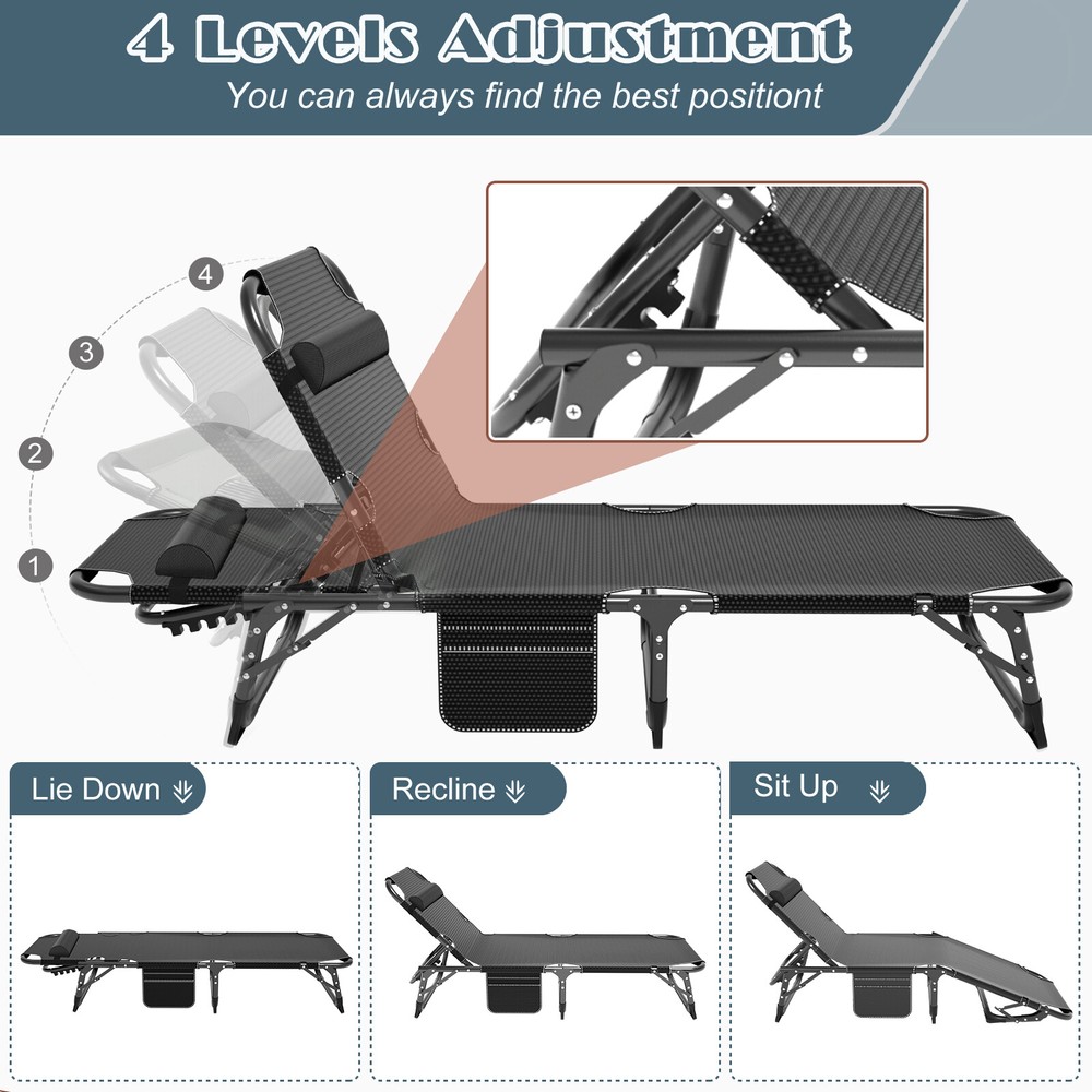 4Position Adjustable Camping Bed Padded Cot Folding Recliner Zero Gravity Chair