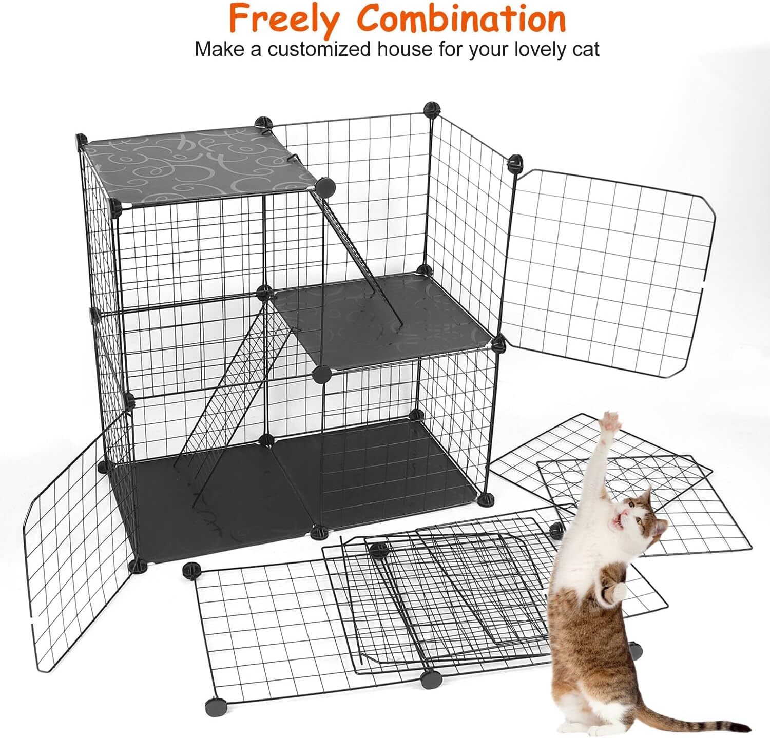 Cat Cage with Storage Cube DIY Indoor Catio Cat Enclosures Metal Cat Playpen