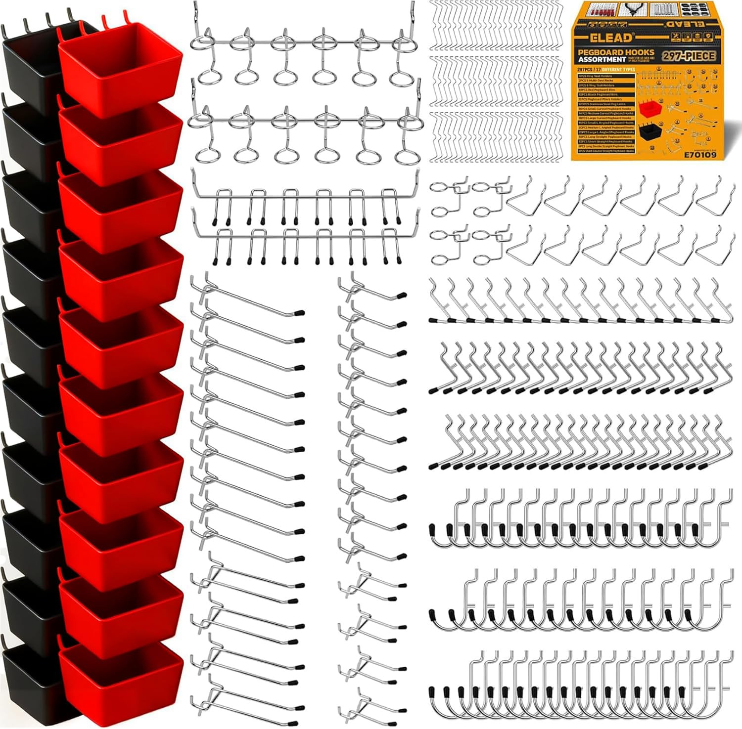 297 Piece Pegboard Hooks Kit, Peg Board Organizer Accessories with Bins for Orga