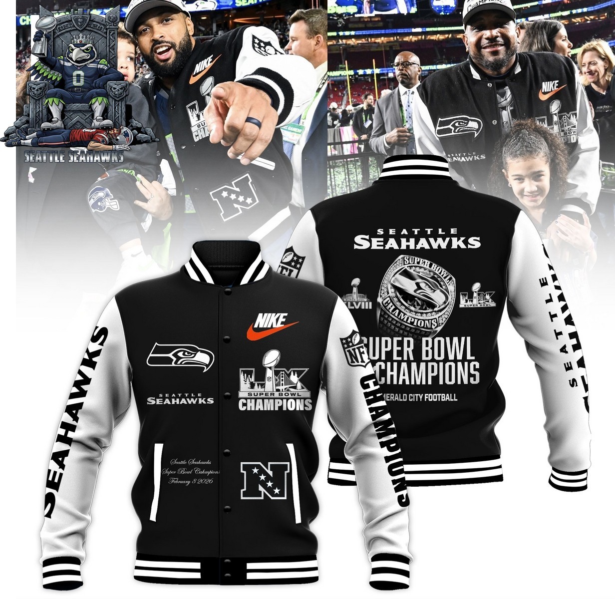 Seattle Seahawks Super Bowl LX Champions 2026 All Over Print Baseball Jacket