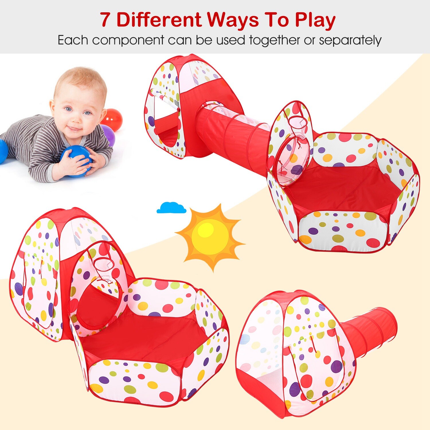 3-in-1 Kids Play Tents Crawl Tunnels & Ball Pit Playhouse Tent Indoor/Outdoor