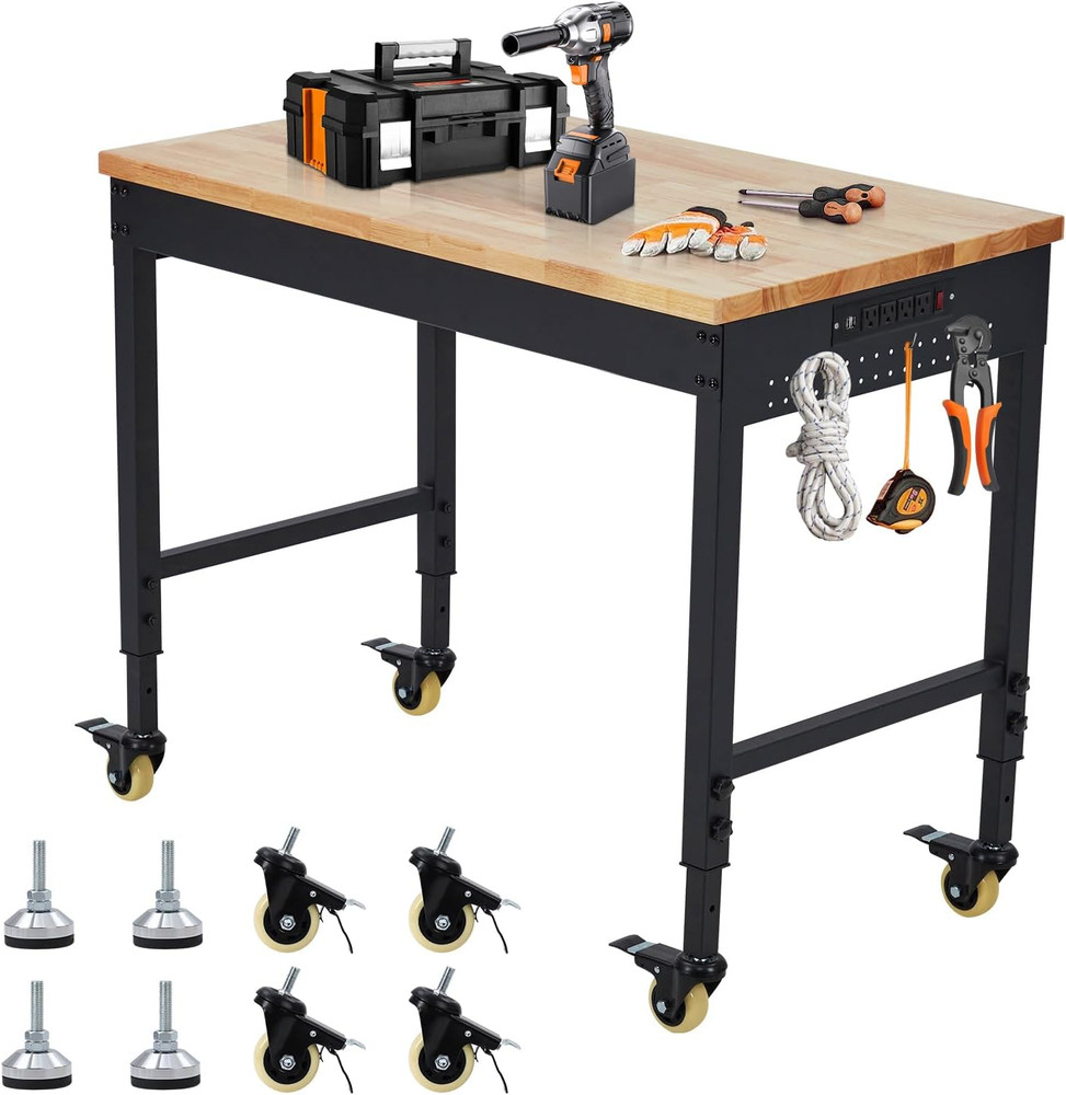 48" Workbench for Garage Workbench, Rubber Wood Top Heavy-Duty Worktable Adjusta