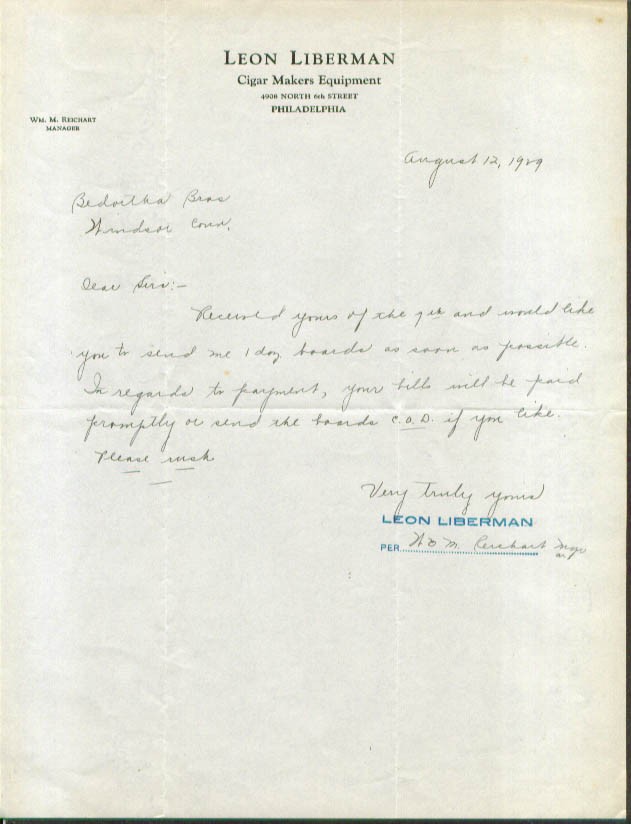 Leon Liberman Cigar Making Equipment Philadelphia letter '29