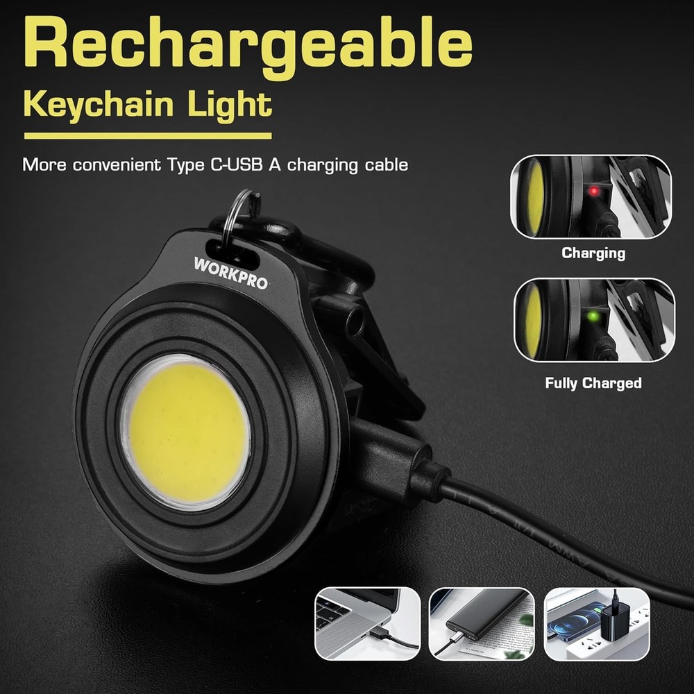 WORKPRO Rechargeable Magnetic Mini COB Work Light Keychain Flashlight w/Hat Clip