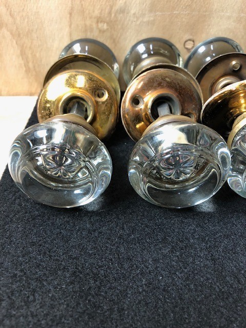 Antique Glass Rosette Door Knobs w/ Brass Hardware - 5 sets