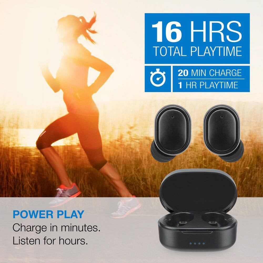 Black Truly Wireless Bluetooth with Rechargeable Case and Quick Charge, Sweatpro