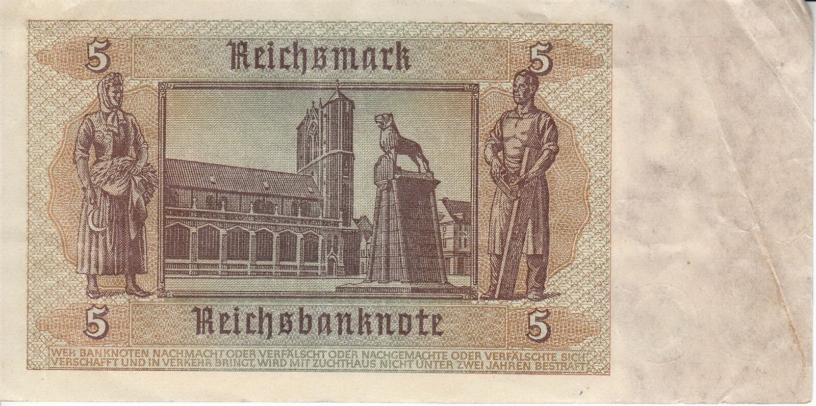Currency Germany 1939 WW2 Fascism War 5 Reichmark Funf 5 Circulated WORN
