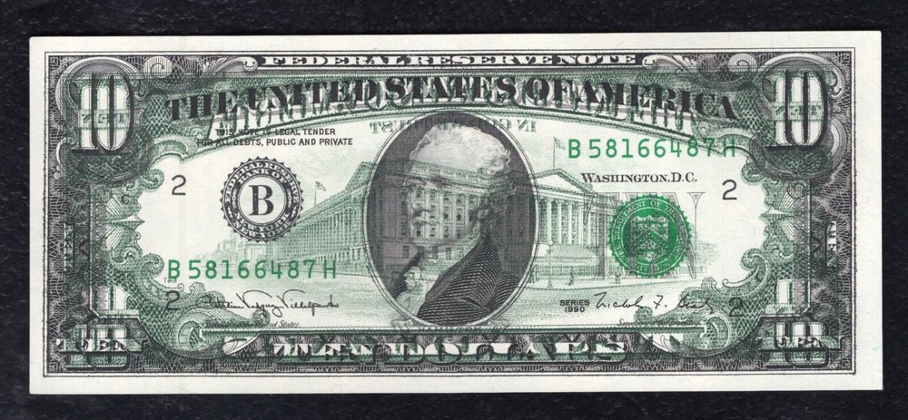 1990 $10 FRN “FULL BACK TO FACE OFFSET PRINTING ERROR” GEM UNCIRCULATED
