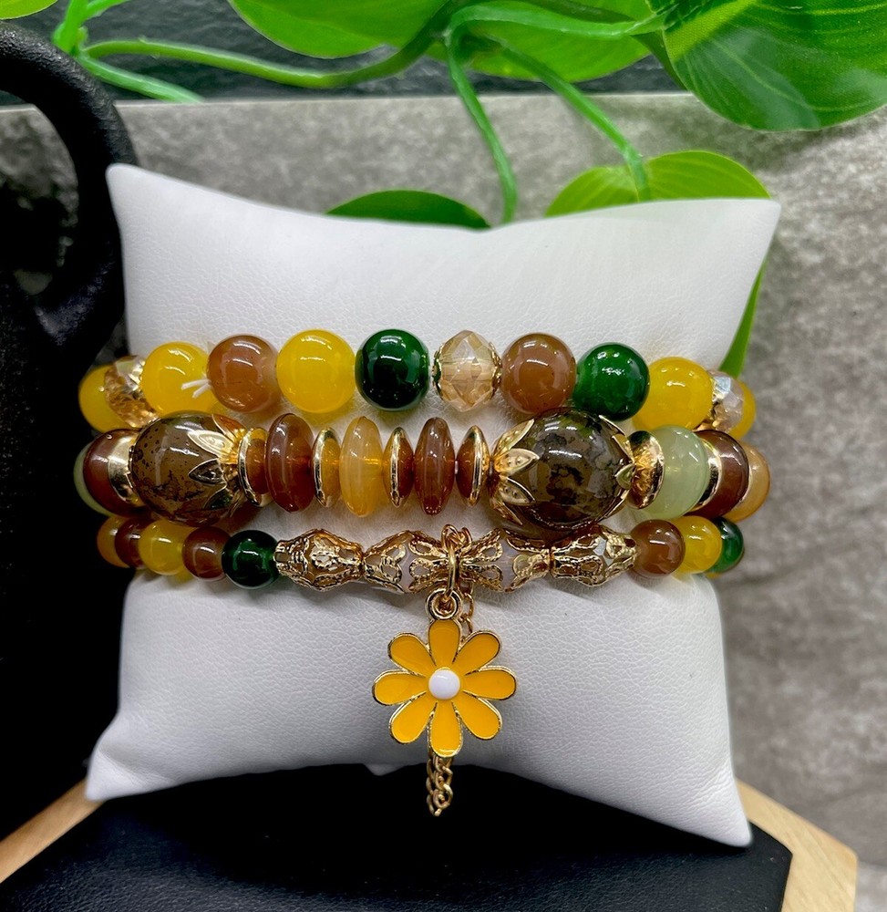 3 PC Handmade Boho Beaded Stackable 6.5” Plus Stretch Bracelet Set New B1336
