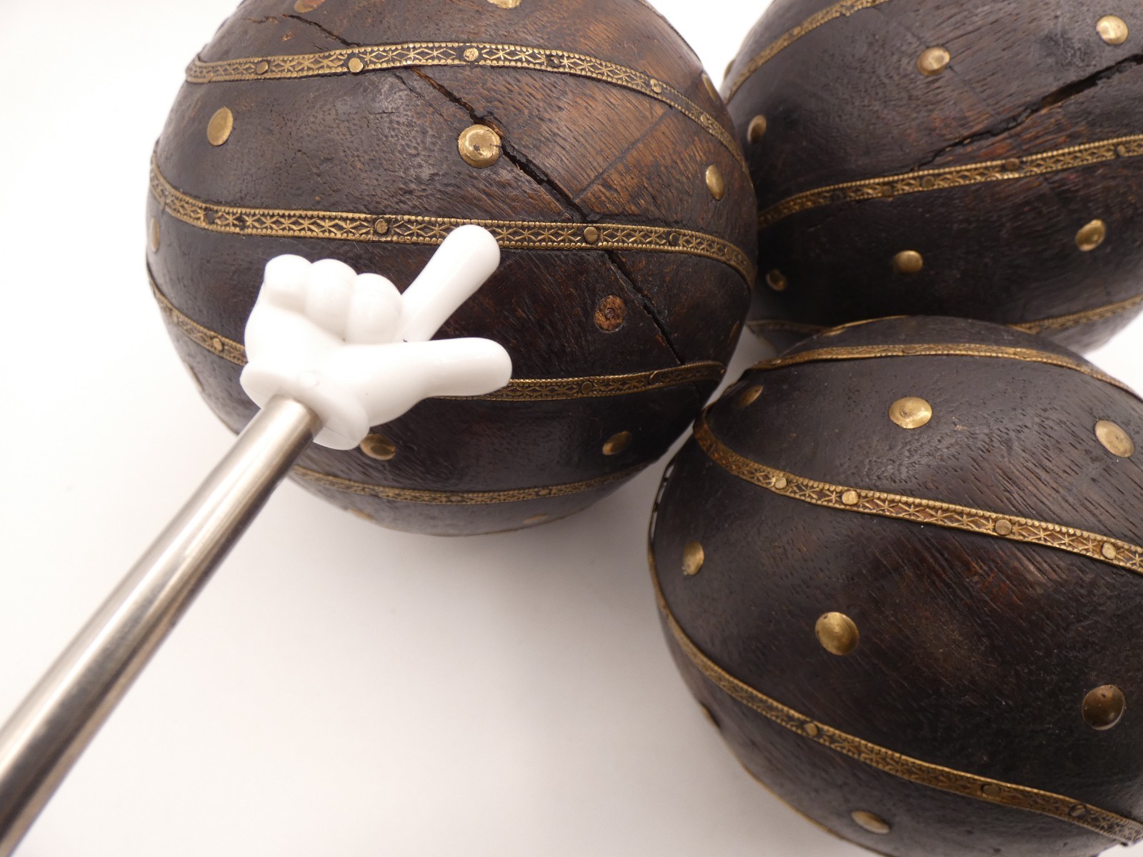 3 Vintage Wooden Ball With Embossed Brass Early 20th C. 5” & 4'' Width