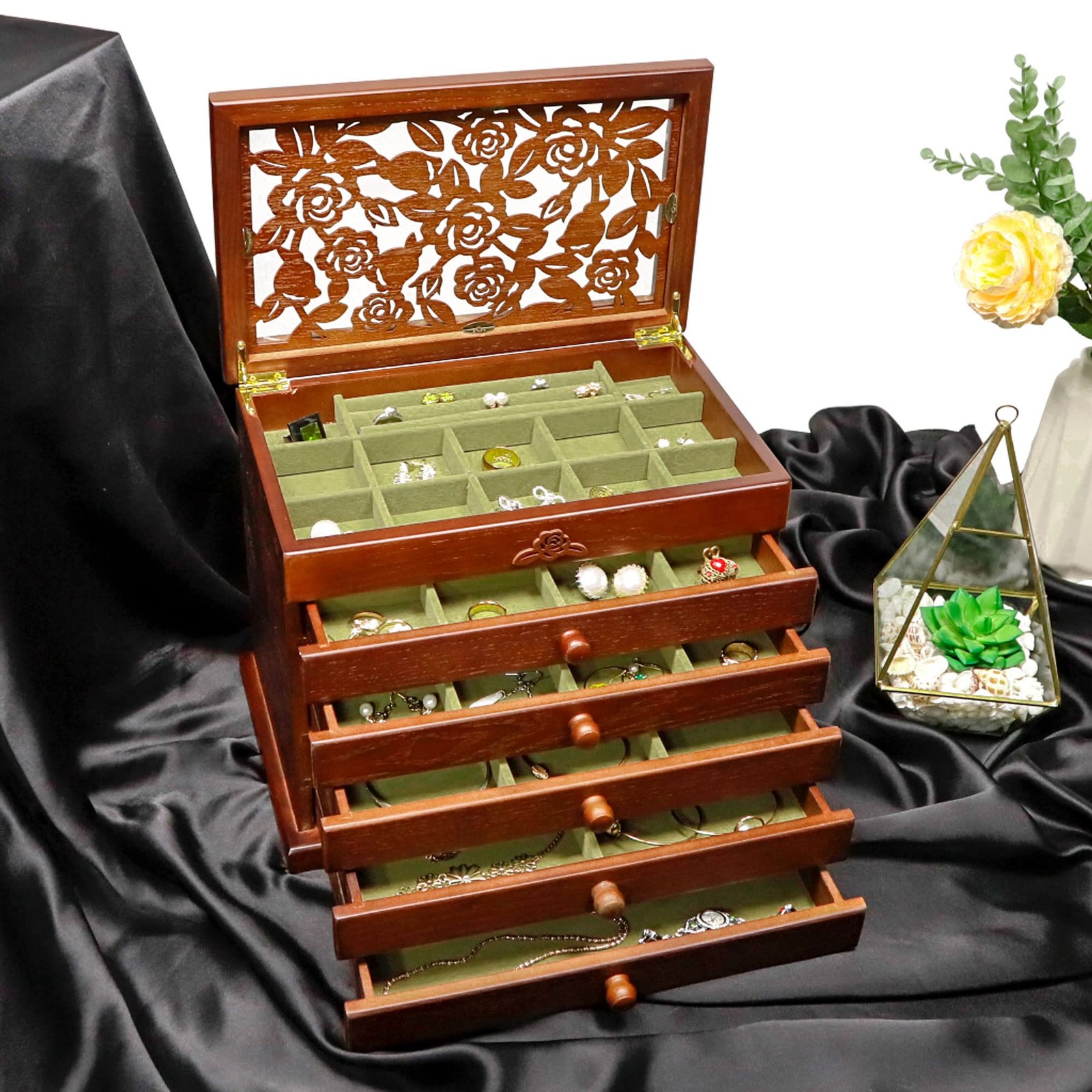 Kendal 6 Layer Wooden Jewelry Box Jewelry Holder Organizer w/ Rose Leaf Pattern