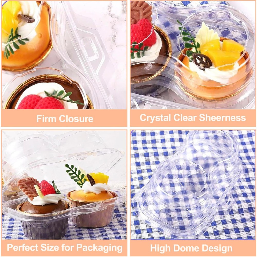 Cupcake Containers 50 Pcs 2 Compartment Clear Box Stackable Deep Dome