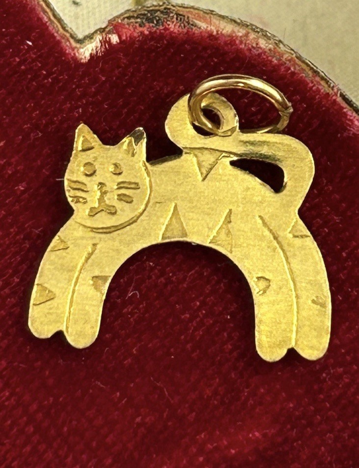 Vintage Cat Charm Necklace Pendant Kitten Kitty Vintage Jewelry Etched Brass
