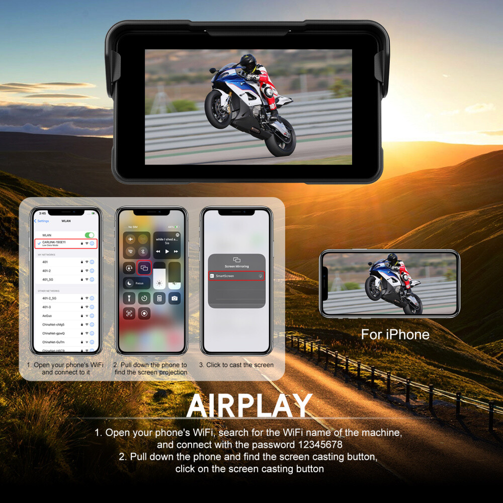 5" Waterproof Motorcycle Navigator Portable Wireless CarPlay Android Auto Screen